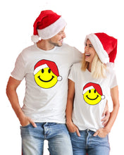 Load image into Gallery viewer, Smiley Face Santa Hat Christmas Xmas Yellow Rave Face Dance Music T-Shirt