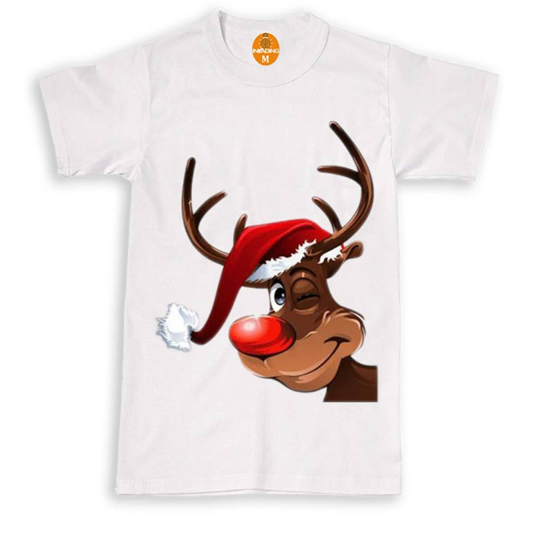 Crewneck Smiley Reindeer Red Nose Ear  Christmas T Shirt