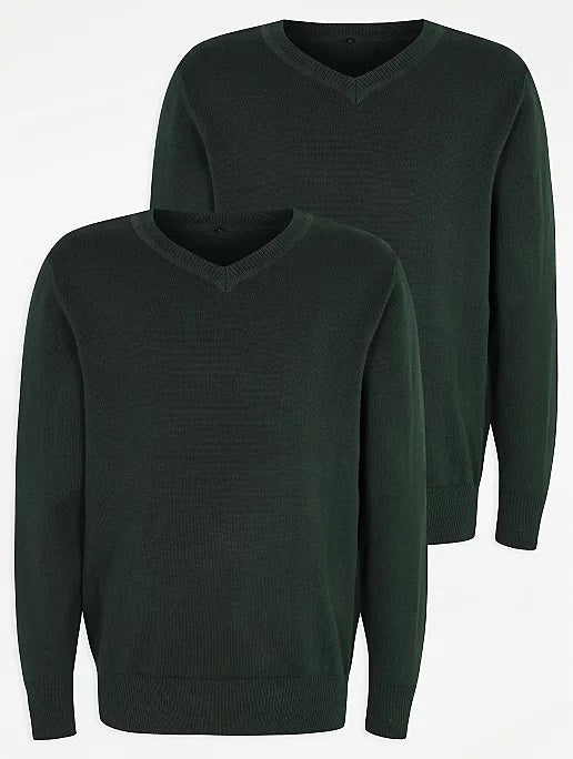 Pack of 2  Boys Bottle Green  V-Neck School Jumpers