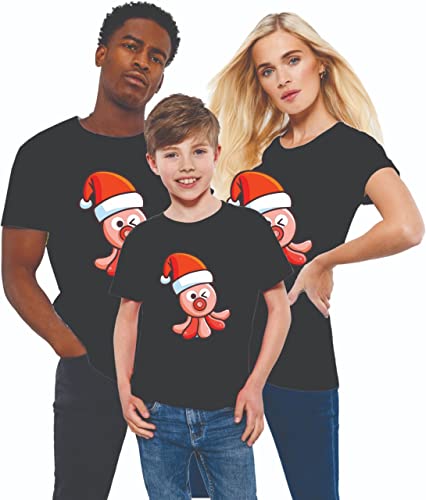 Christmas T Shirts Cute Baby Octopus – Kids Cute Funny Santa Hat Baby Octopus Holiday Matching Family Xmas Outfit Boys Girls Christmas t-Shirt Tops Black