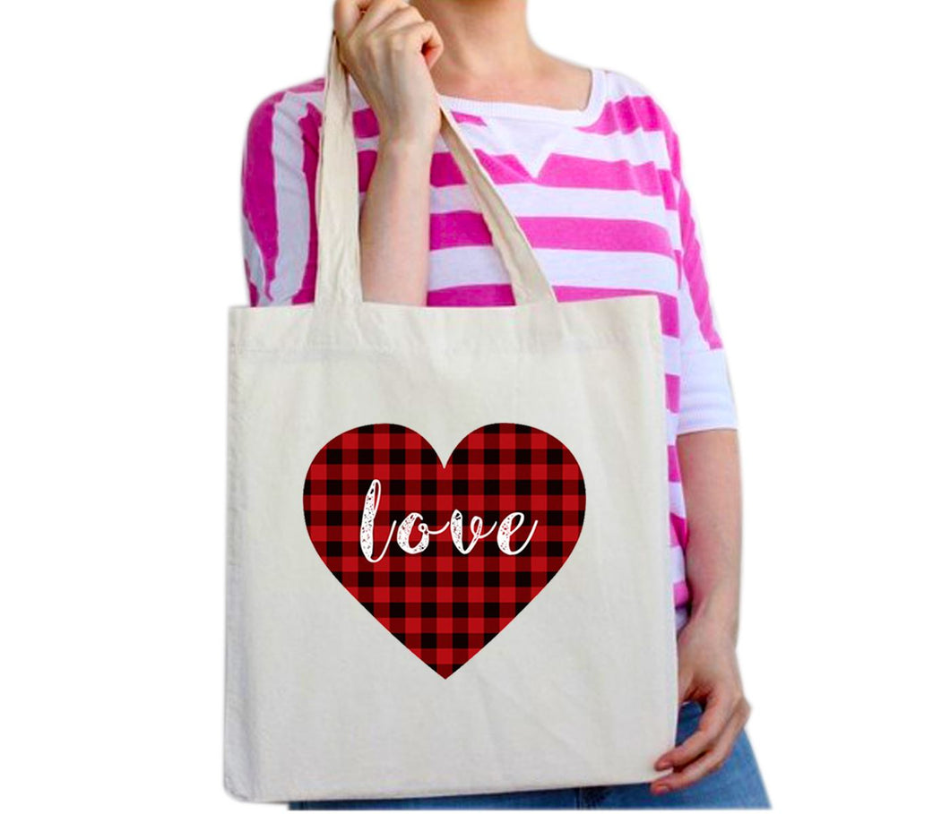 Cute Buffalo Check Plaid True Love Heart Tote Bag Reusable Cotton Bags