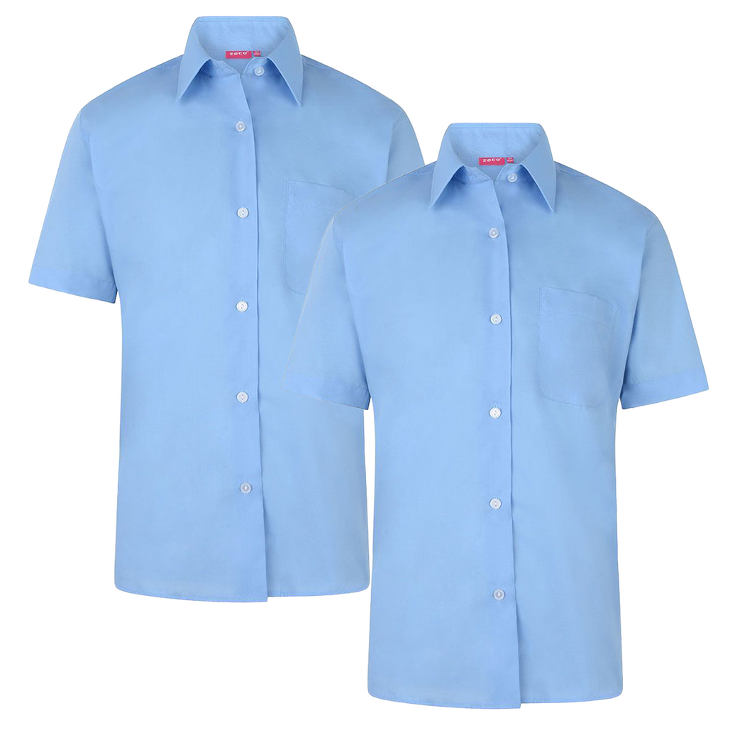 Pack of 2 Girls School Uniform Short Sleeves Blue Blouse Shirt