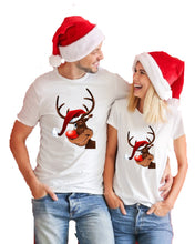 Load image into Gallery viewer, Crewneck Smiley Reindeer Red Nose Ear  Christmas T Shirt
