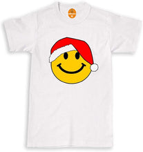 Load image into Gallery viewer, Smiley Face Santa Hat Christmas Xmas Yellow Rave Face Dance Music T-Shirta
