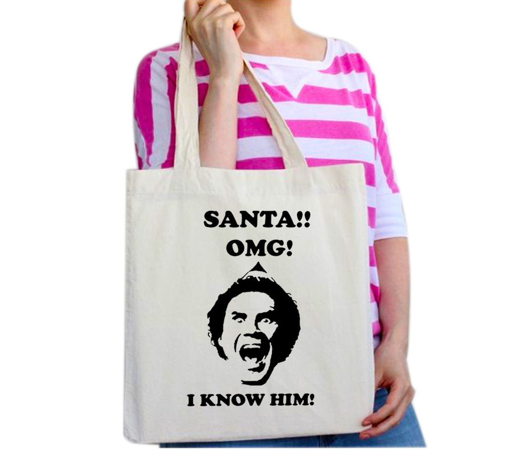 SANTA! I KNOW HIM! Christmas Reusable Cotton Tote Bag Funny The Elf Xmas Gift