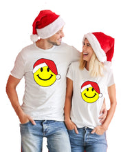Load image into Gallery viewer, Smiley Face Santa Hat Christmas Xmas Yellow Rave Face Dance Music T-Shirt
